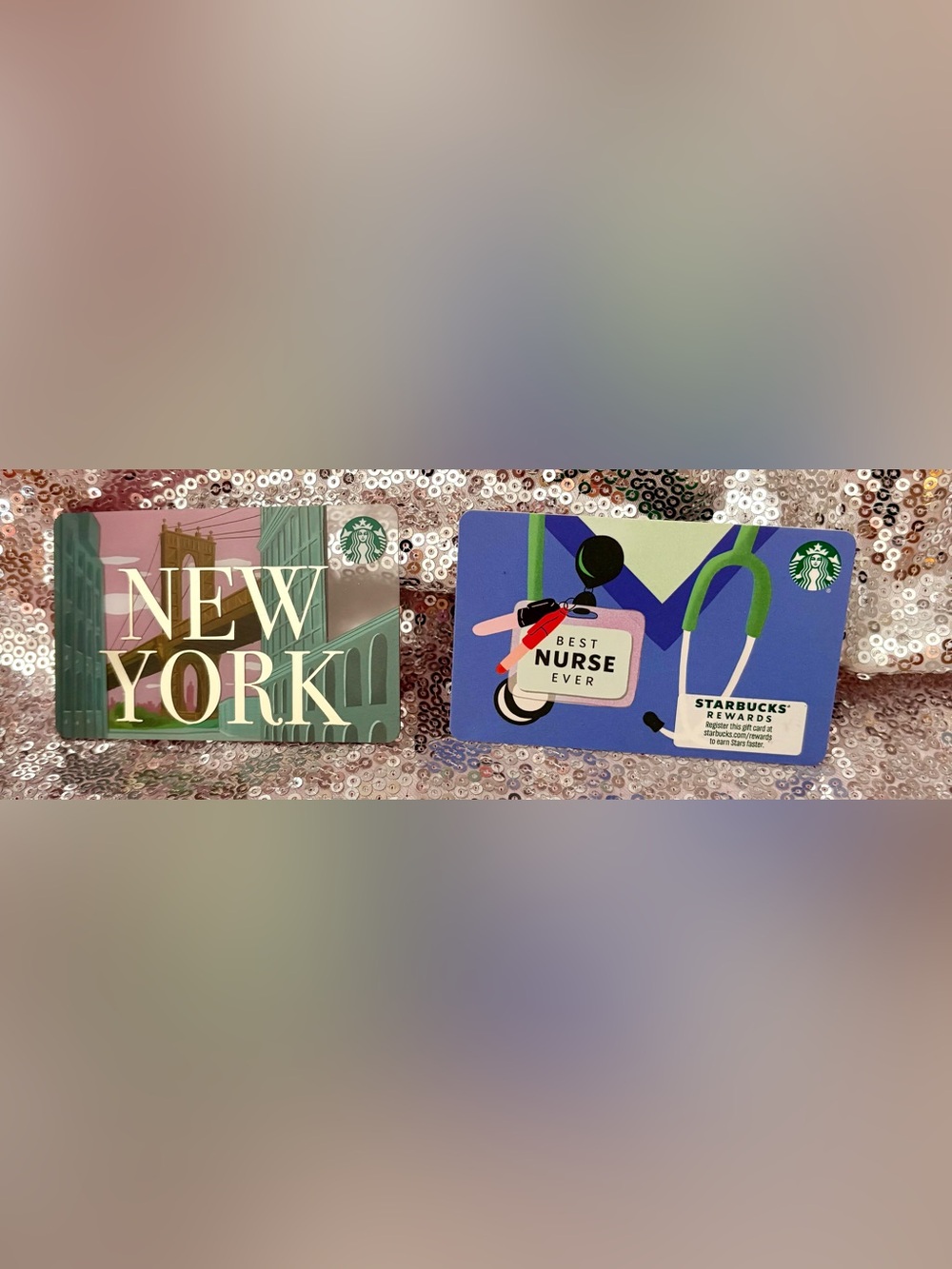 Starbucks Collectible Gift Card Lot (New York and Best Nurse Ever) Green & Pink